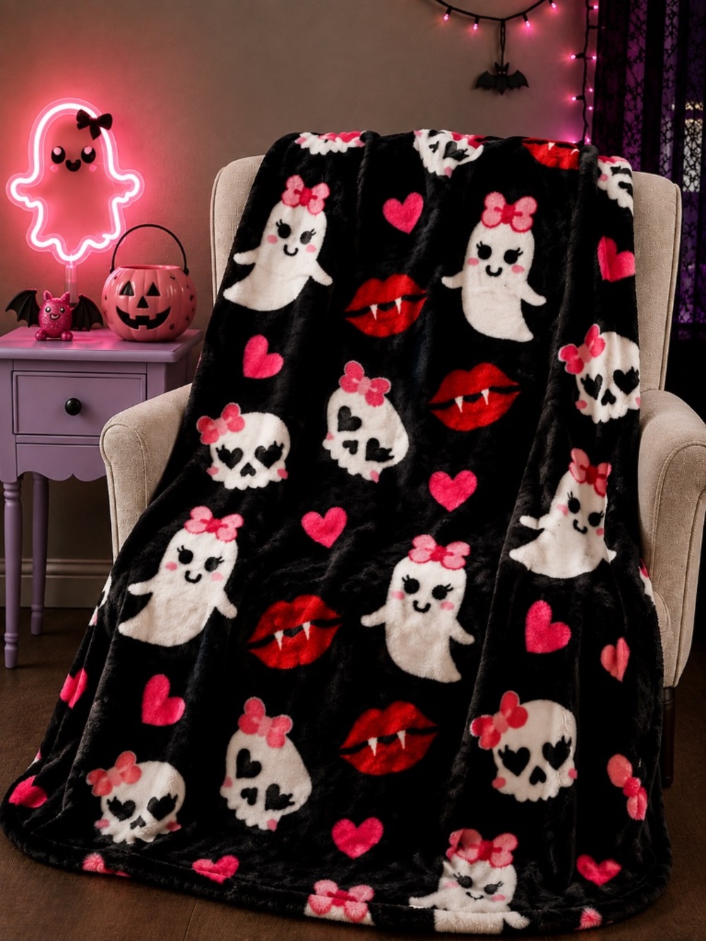 Betsey Johnson Halloween Plush Throw Blanket Ghost Skull Vampire 50x70 NEW